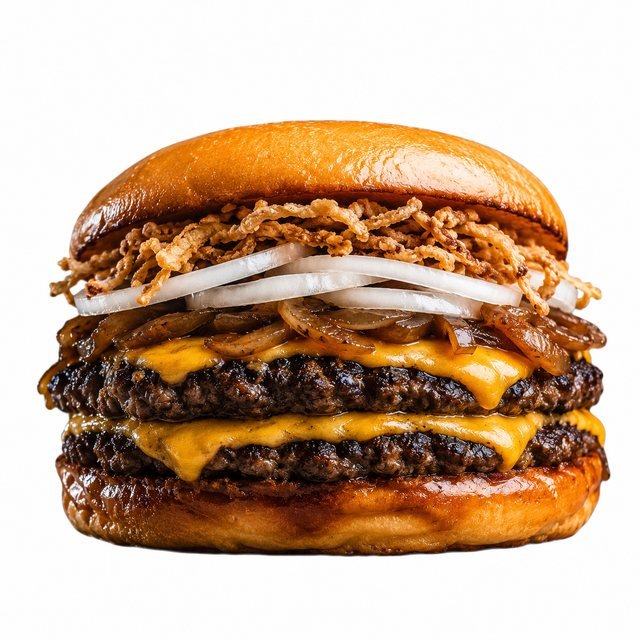Smash 3 Oignons – Pain potato roll, 2 steaks, 2 cheddars, sauce burger, oignons crus, oignons confits, oignons frits.